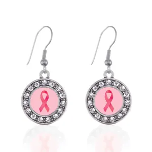 Silver Breast Cancer Circle Charm Dangle Earrings