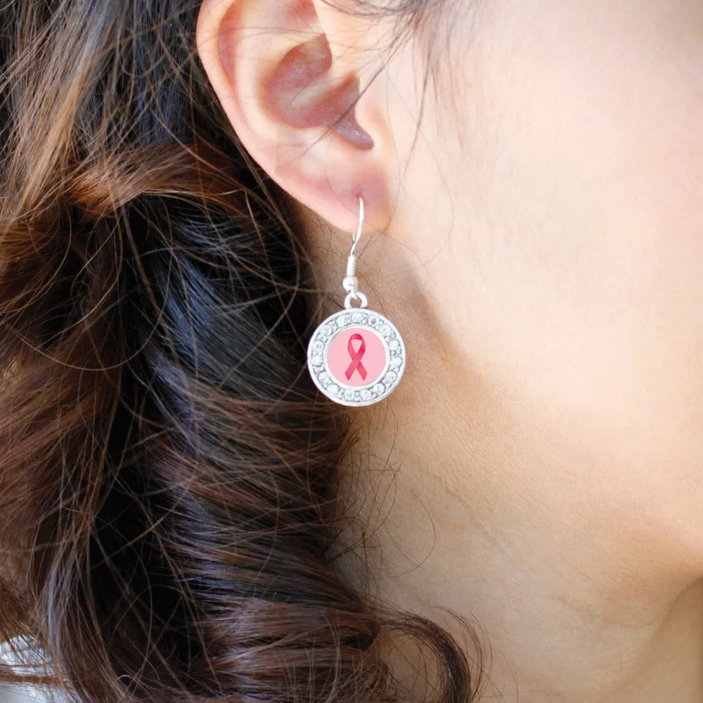 Silver Breast Cancer Circle Charm Dangle Earrings