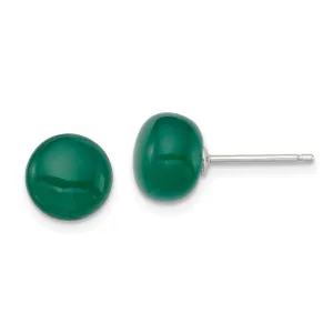 Silver Button Emerald Green Agate Post Earrings