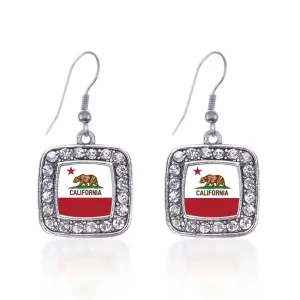 Silver California Flag Square Charm Dangle Earrings