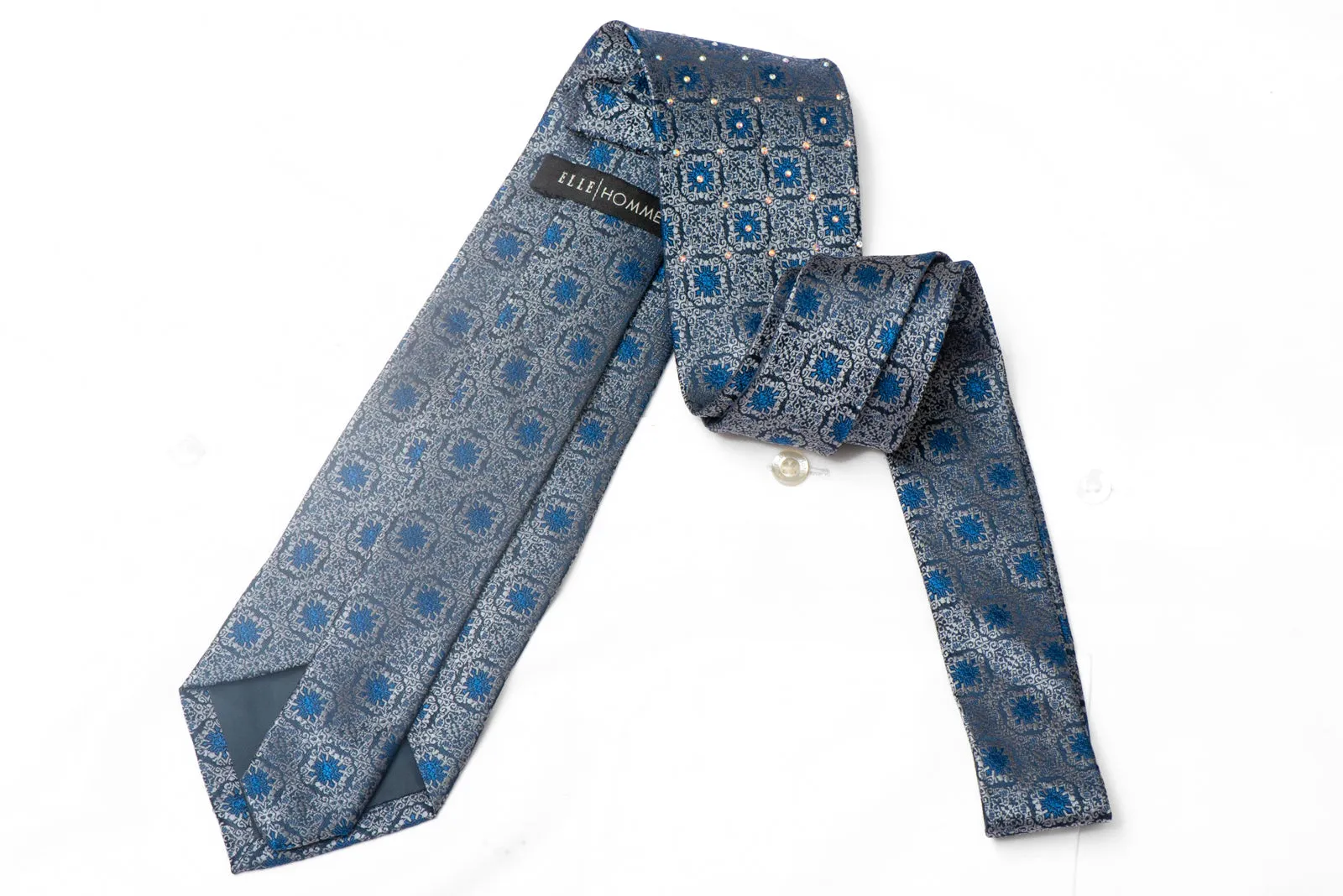 Silver Cartouche On Navy Rhinestone Silk Necktie