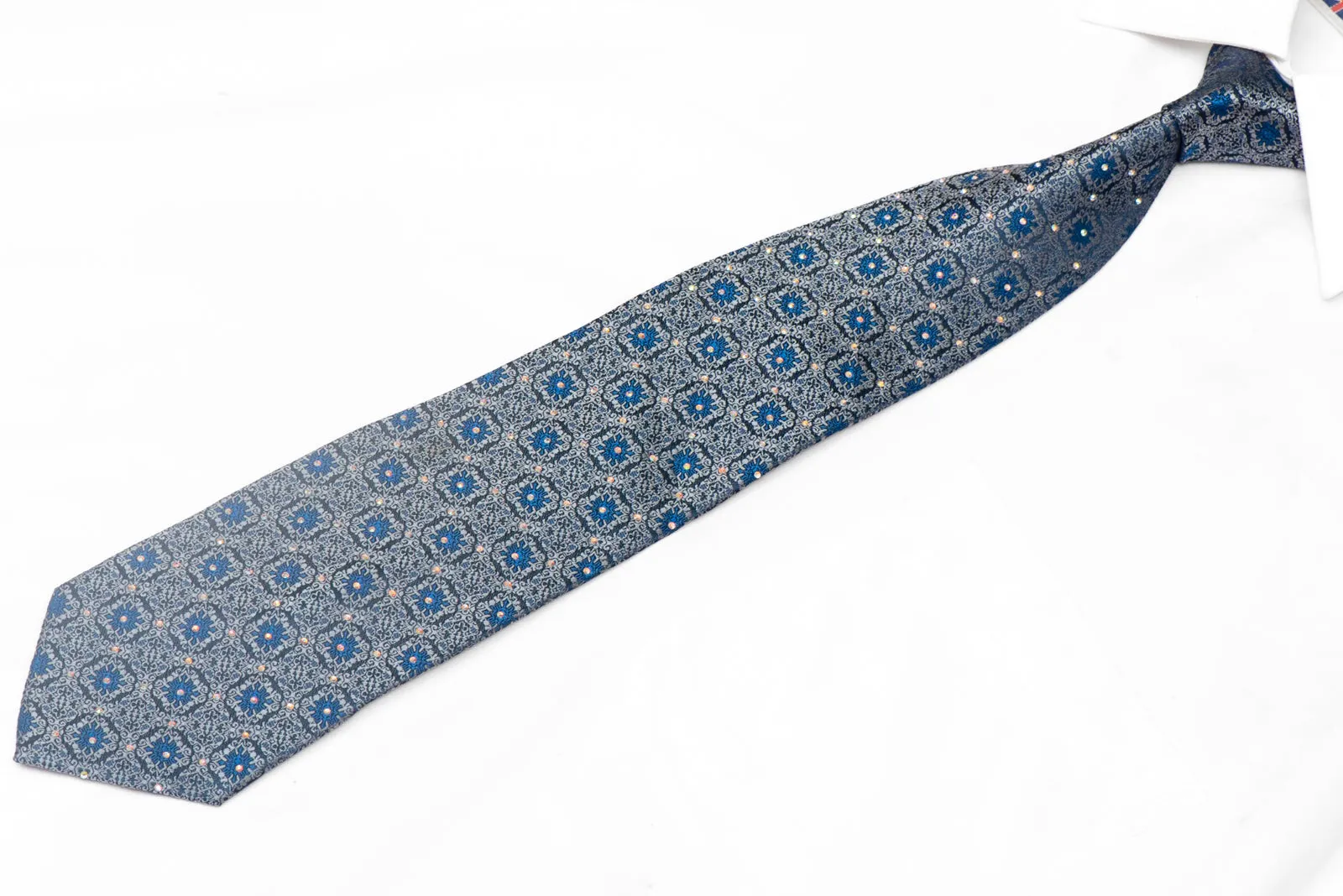 Silver Cartouche On Navy Rhinestone Silk Necktie