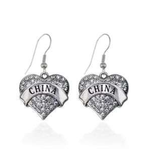 Silver China Pave Heart Charm Dangle Earrings