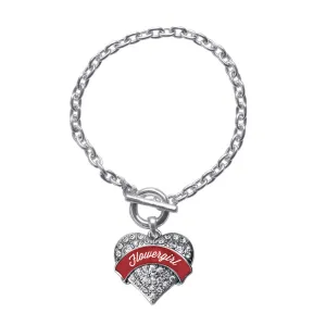 Silver Crimson Red Flower Girl Pave Heart Charm Toggle Bracelet