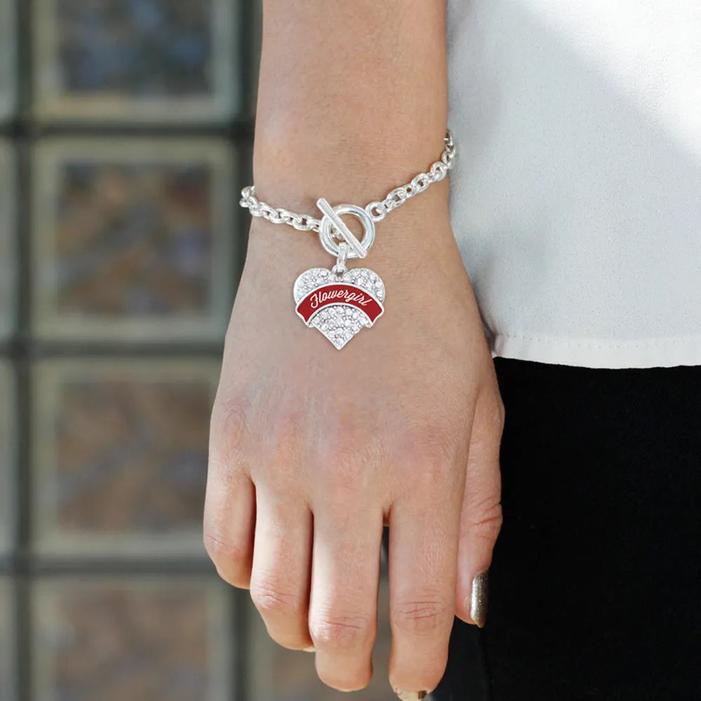 Silver Crimson Red Flower Girl Pave Heart Charm Toggle Bracelet