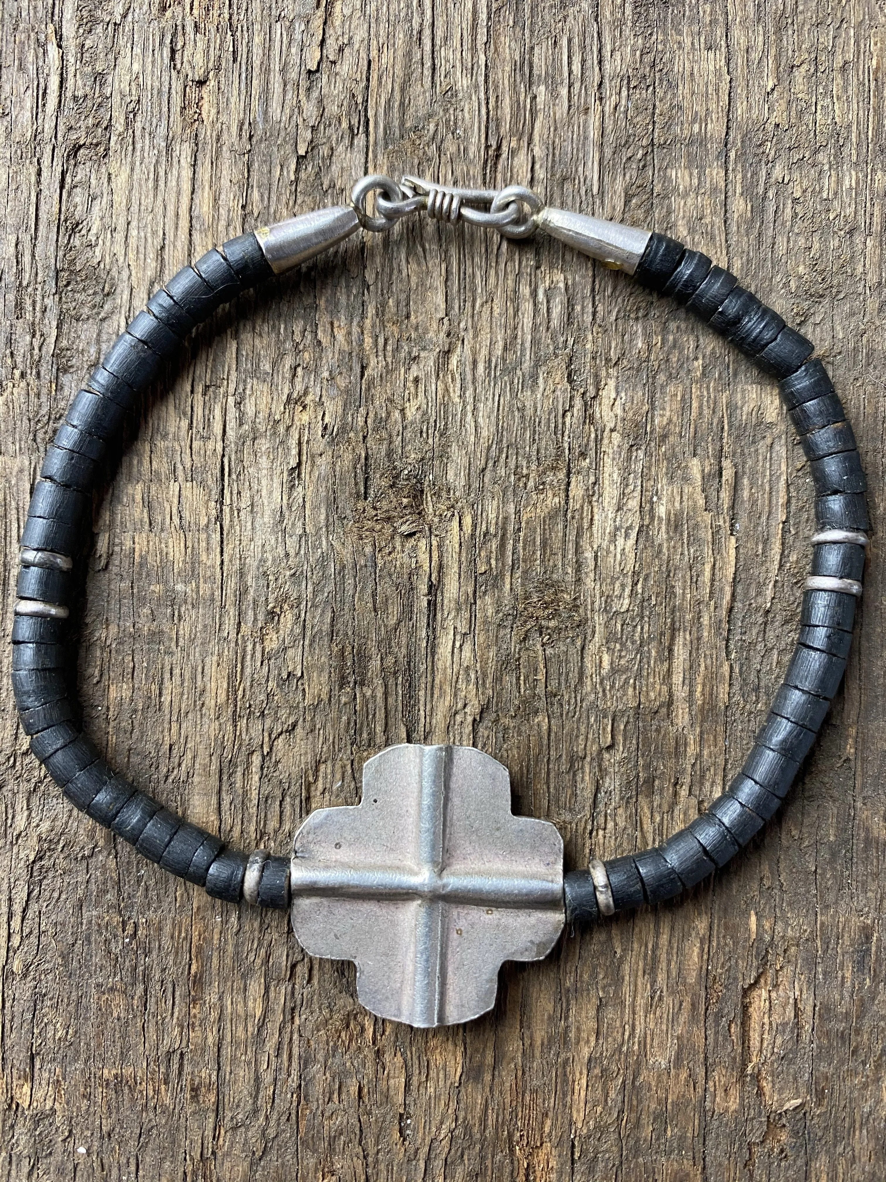 Silver Cross And Wood Bracelet