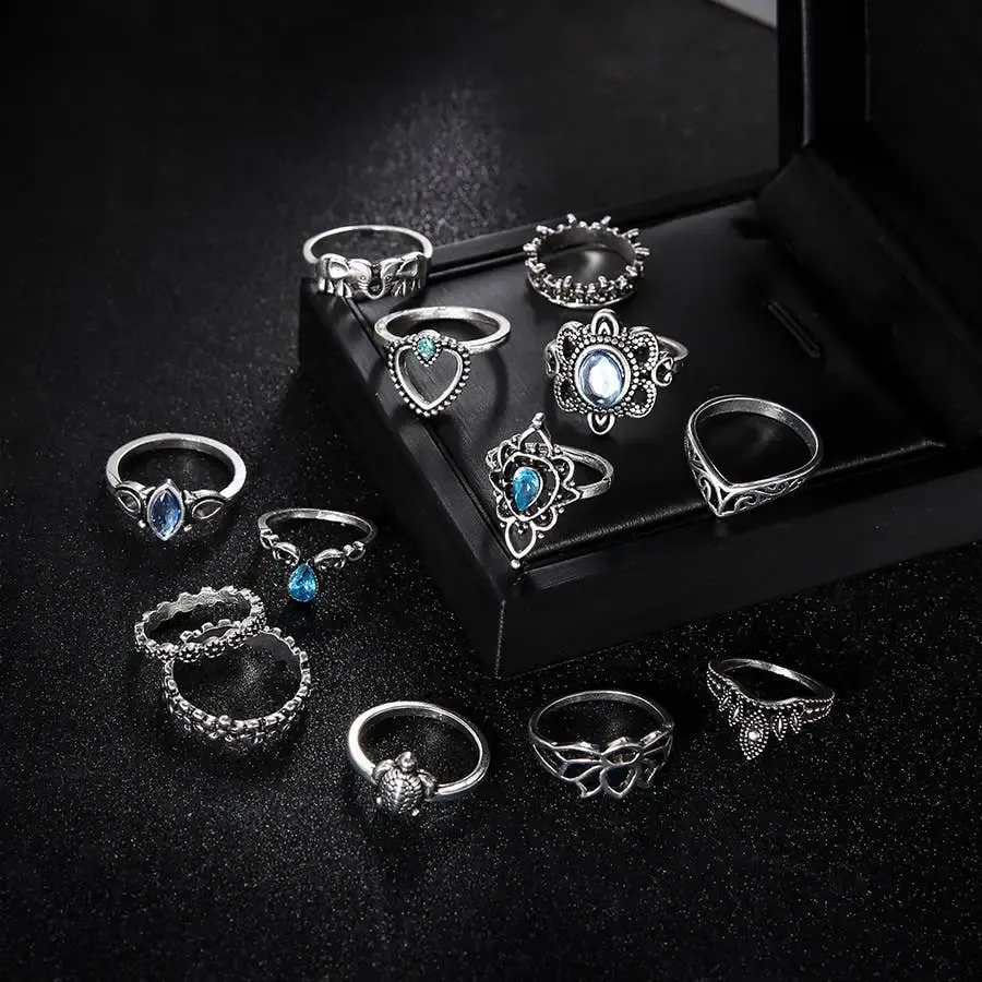 Silver Crystal Boho Midi Ring Set - 13 Piece Vintage-Inspired Collection, Fashionable Bohemian Rings, Mix-and-Match Style