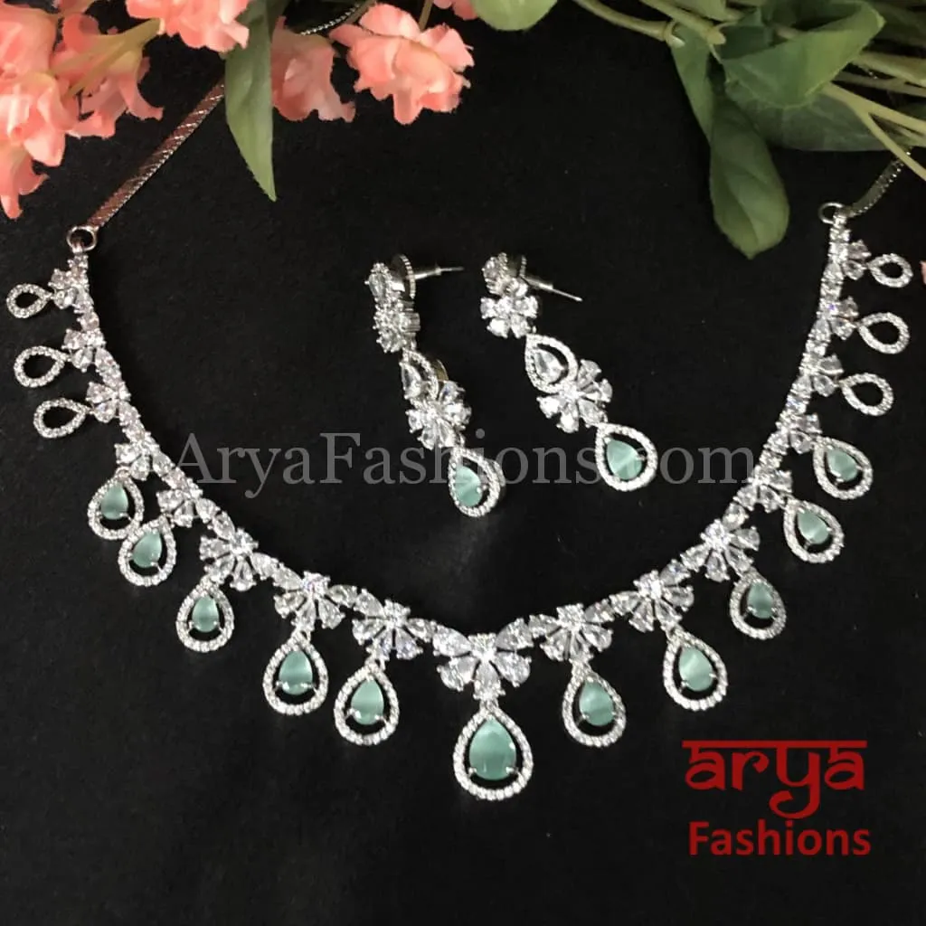 Silver Cubic Zirconia Necklace with Mint Green semi-precious stones