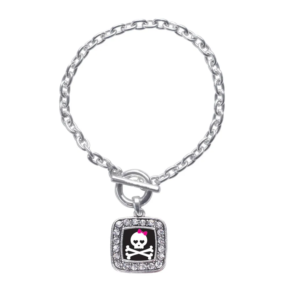 Silver Cute Skull And Crossbones Square Charm Toggle Bracelet