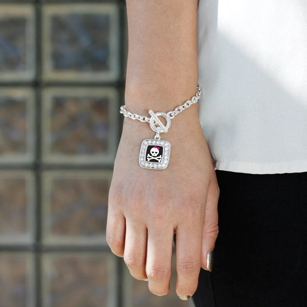 Silver Cute Skull And Crossbones Square Charm Toggle Bracelet