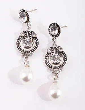 Silver Diamante & Pearl Drop Earrings