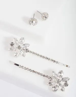 Silver Diamante Floral Clip and Earring Pack