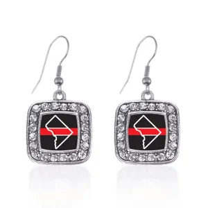 Silver District of Columbia Thin Red Line Square Charm Dangle Earrings