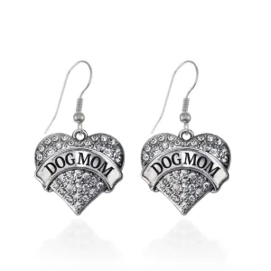 Silver Dog Mom Pave Heart Charm Dangle Earrings