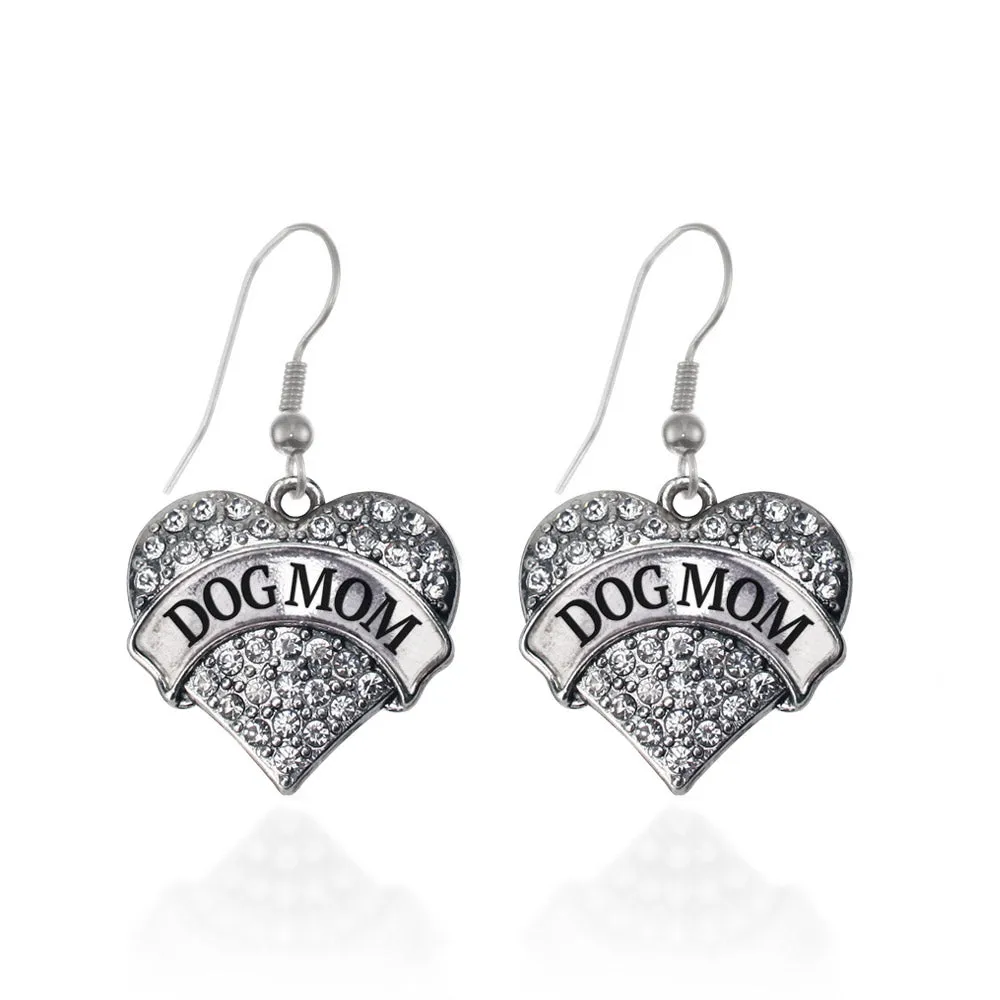 Silver Dog Mom Pave Heart Charm Dangle Earrings