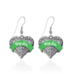 Silver Emerald Green Big Sister Pave Heart Charm Dangle Earrings