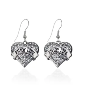 Silver Enjoy Life Pave Heart Charm Dangle Earrings