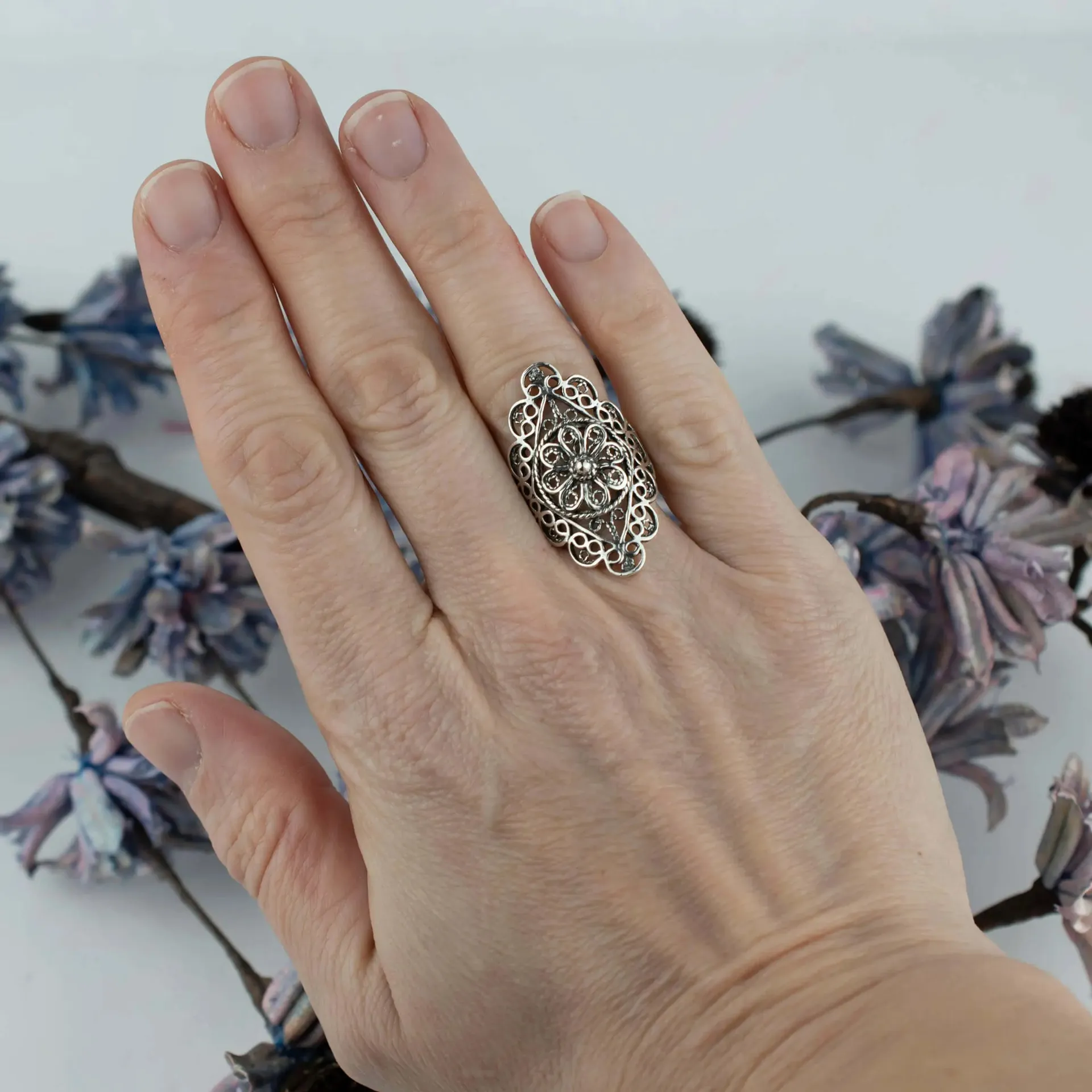 Silver Filigree Art Statement Ring - Perfect for Valentine's Day, Women's Statement Ring, Lace Detail Ring, Romantic Gift