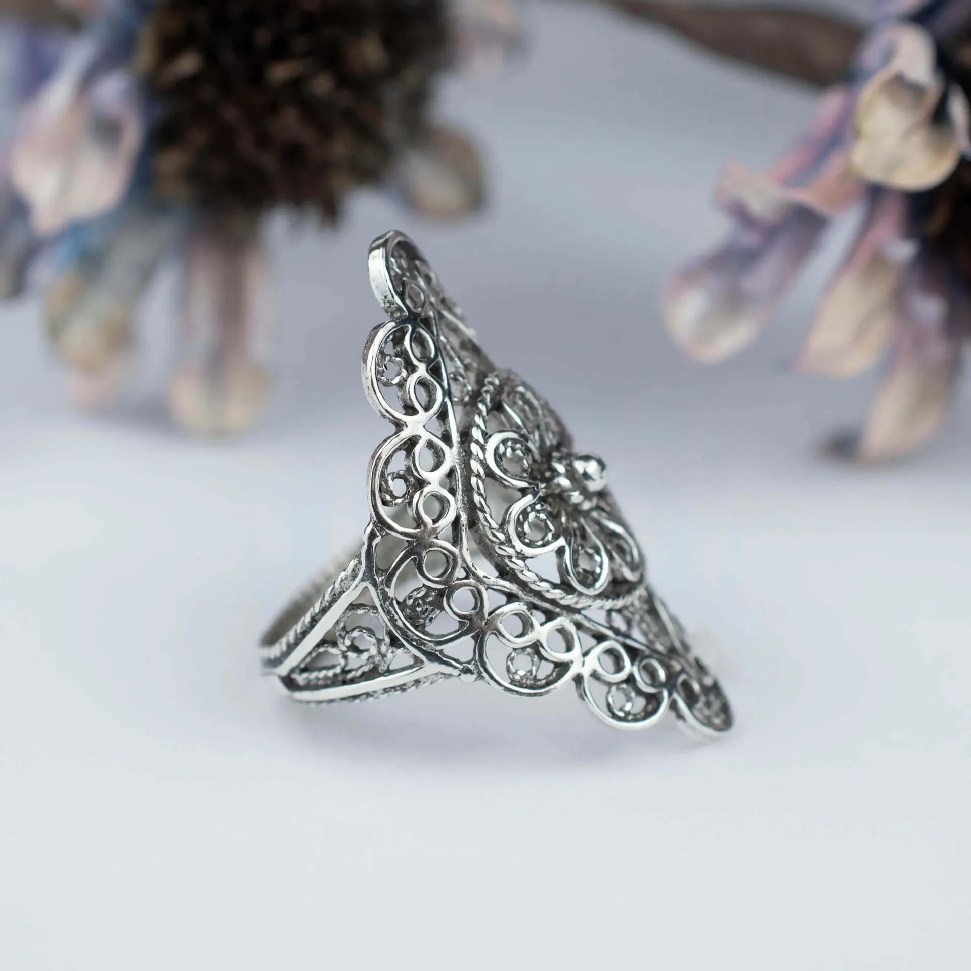 Silver Filigree Art Statement Ring - Perfect for Valentine's Day, Women's Statement Ring, Lace Detail Ring, Romantic Gift