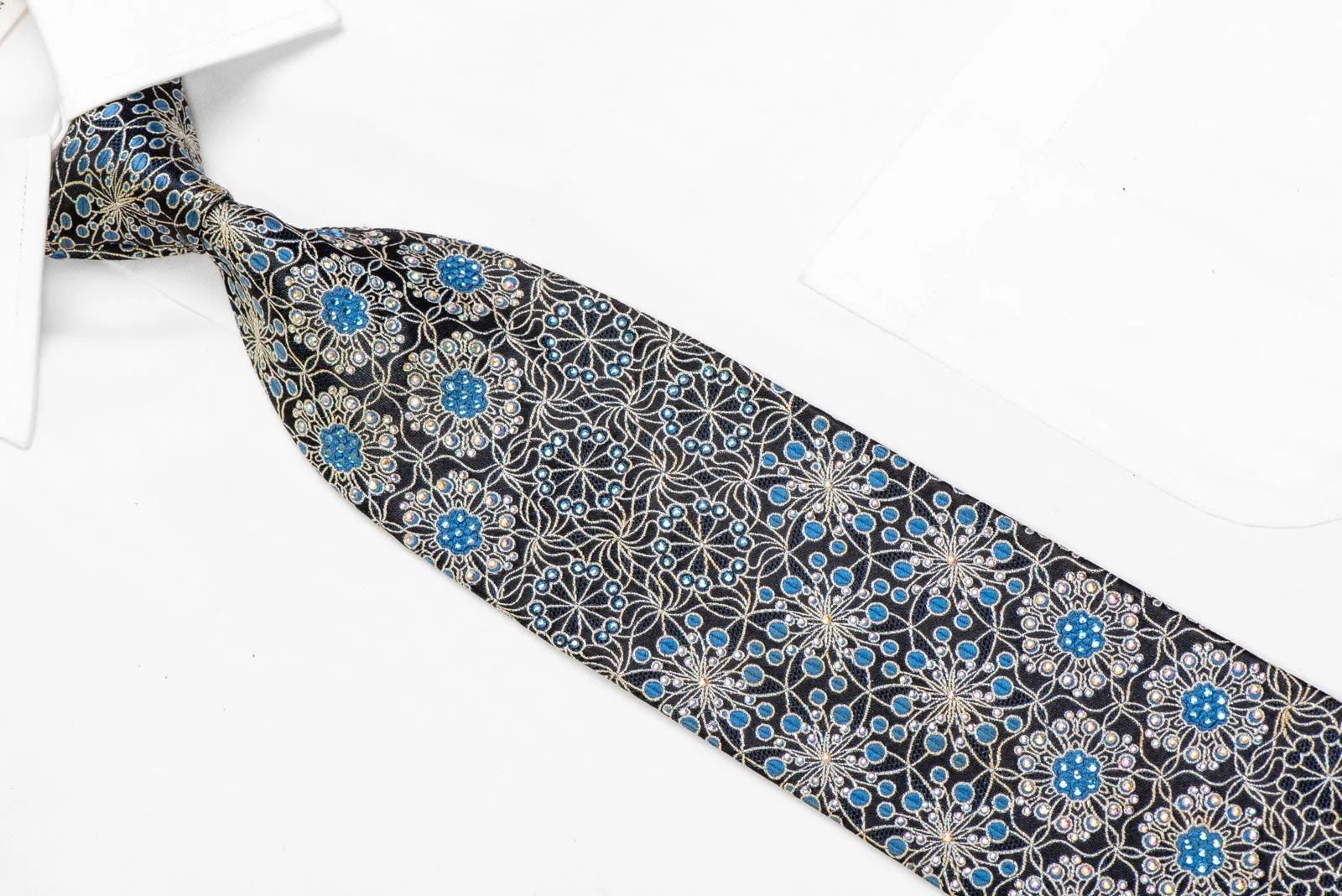 Silver Floral Trellis On Black Rhinestone Tie With Silver Sparkles