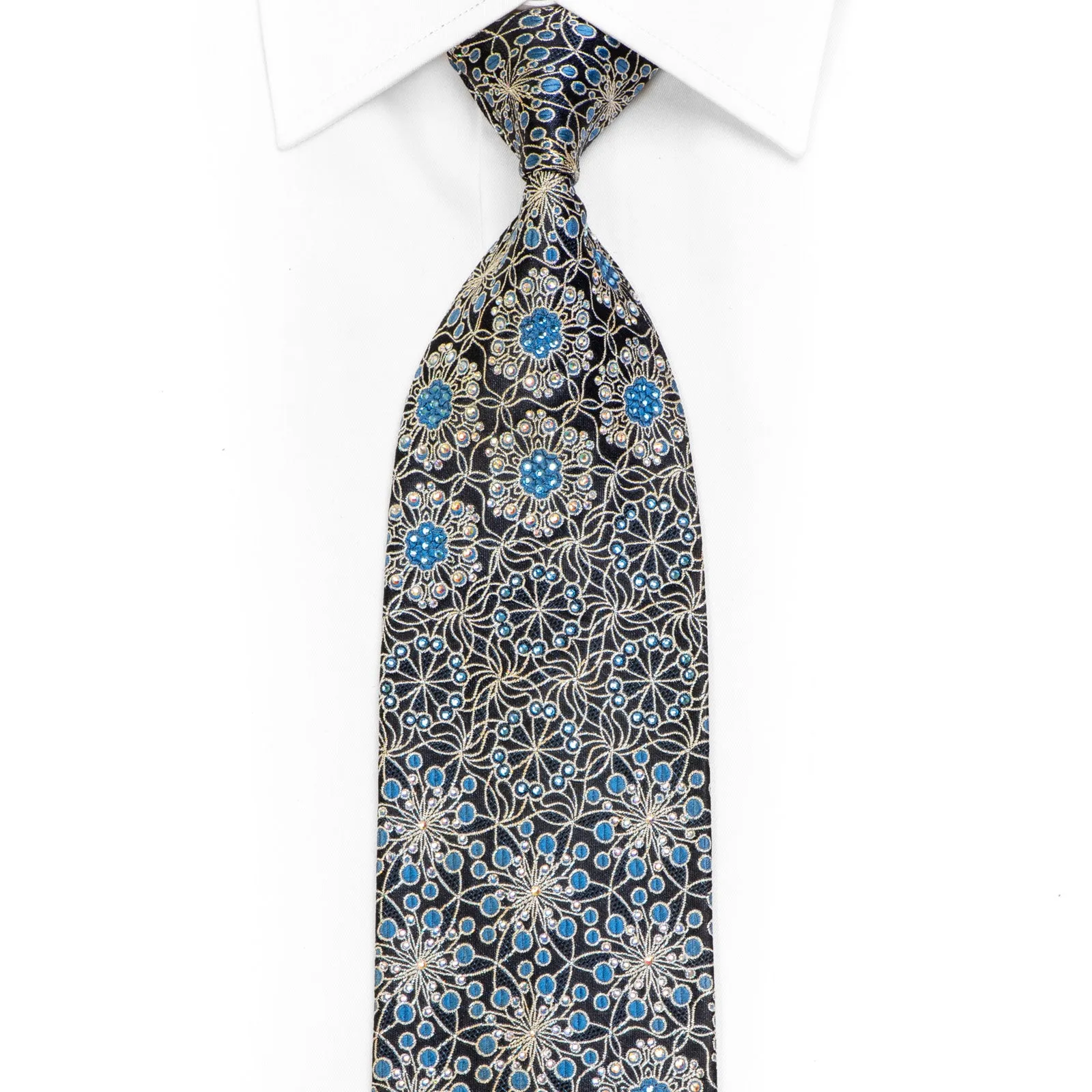 Silver Floral Trellis On Black Rhinestone Tie With Silver Sparkles