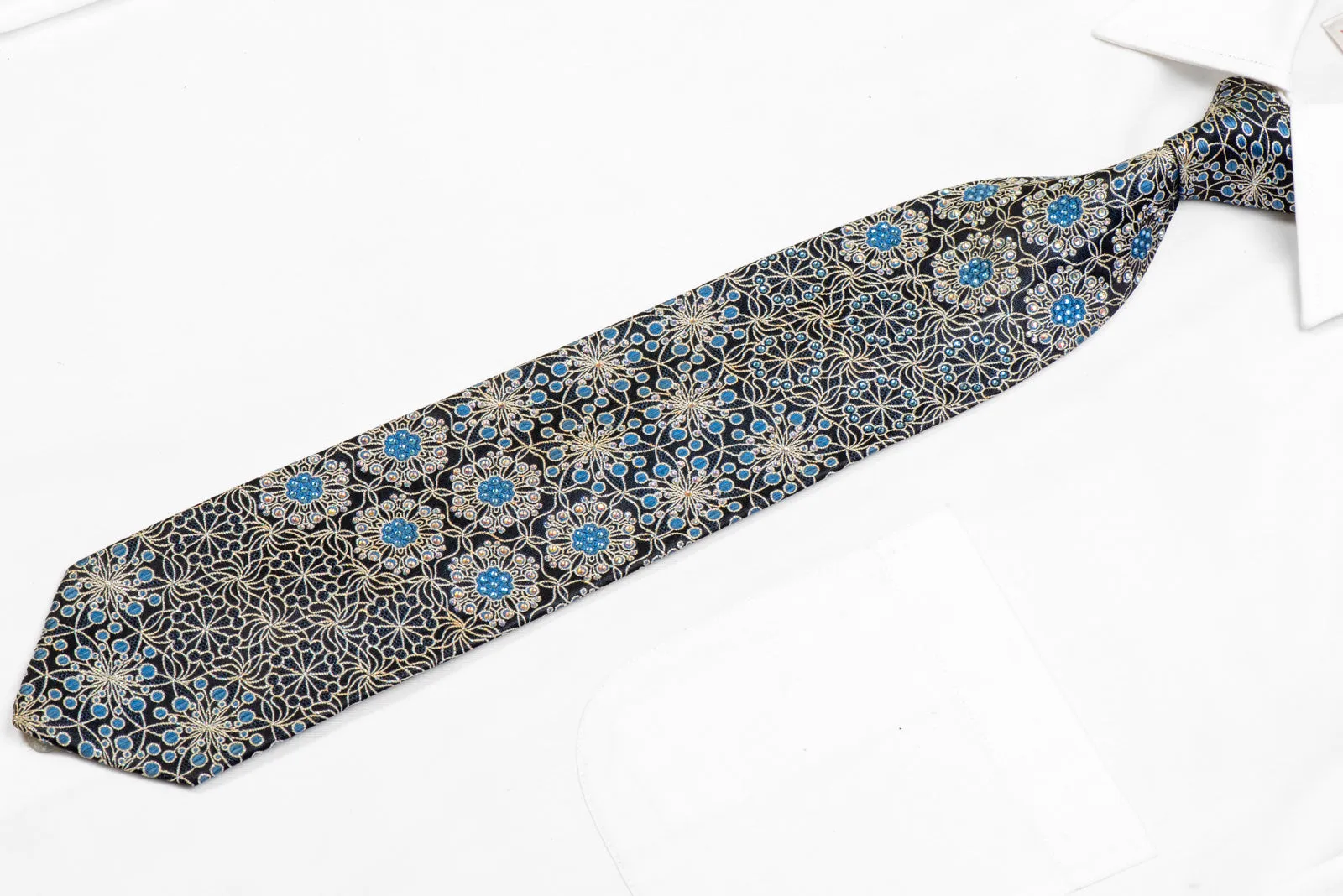 Silver Floral Trellis On Black Rhinestone Tie With Silver Sparkles