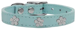 Silver Flower Widget Genuine Leather Dog Collar Baby Blue 10