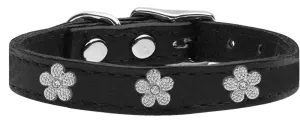 Silver Flower Widget Genuine Leather Dog Collar Black 20