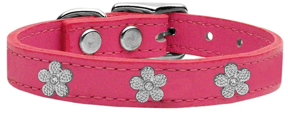 Silver Flower Widget Genuine Leather Dog Collar Pink 20