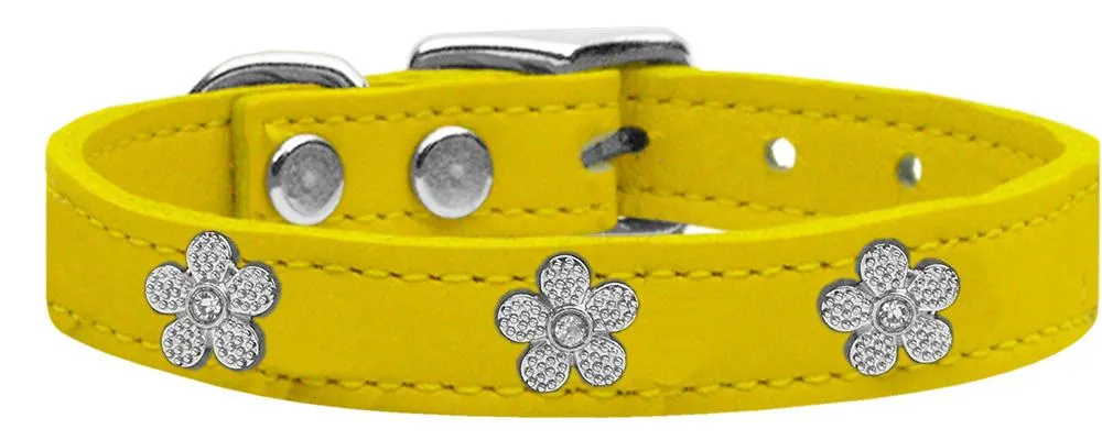 Silver Flower Widget Genuine Leather Dog Collar Yellow 18