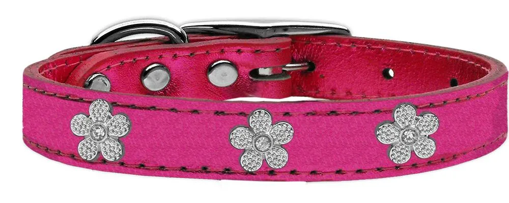 Silver Flower Widget Genuine Metallic Leather Dog Collar Pink 22