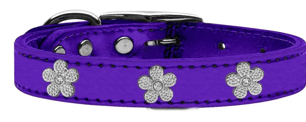 Silver Flower Widget Genuine Metallic Leather Dog Collar Purple 14