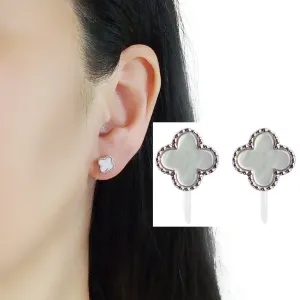 Silver Four Leaf Mother Of Pearl Invisible Clip On Stud Earrings