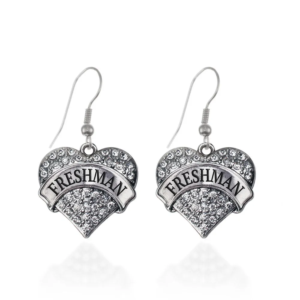 Silver Freshman Pave Heart Charm Dangle Earrings