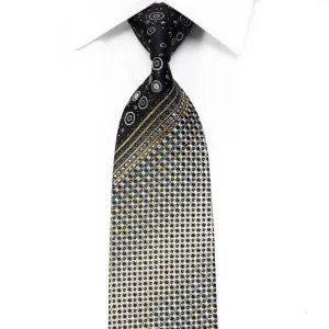 Silver Geometric Gold Striped On Black With Sparkles Rhinestone Silk Necktie