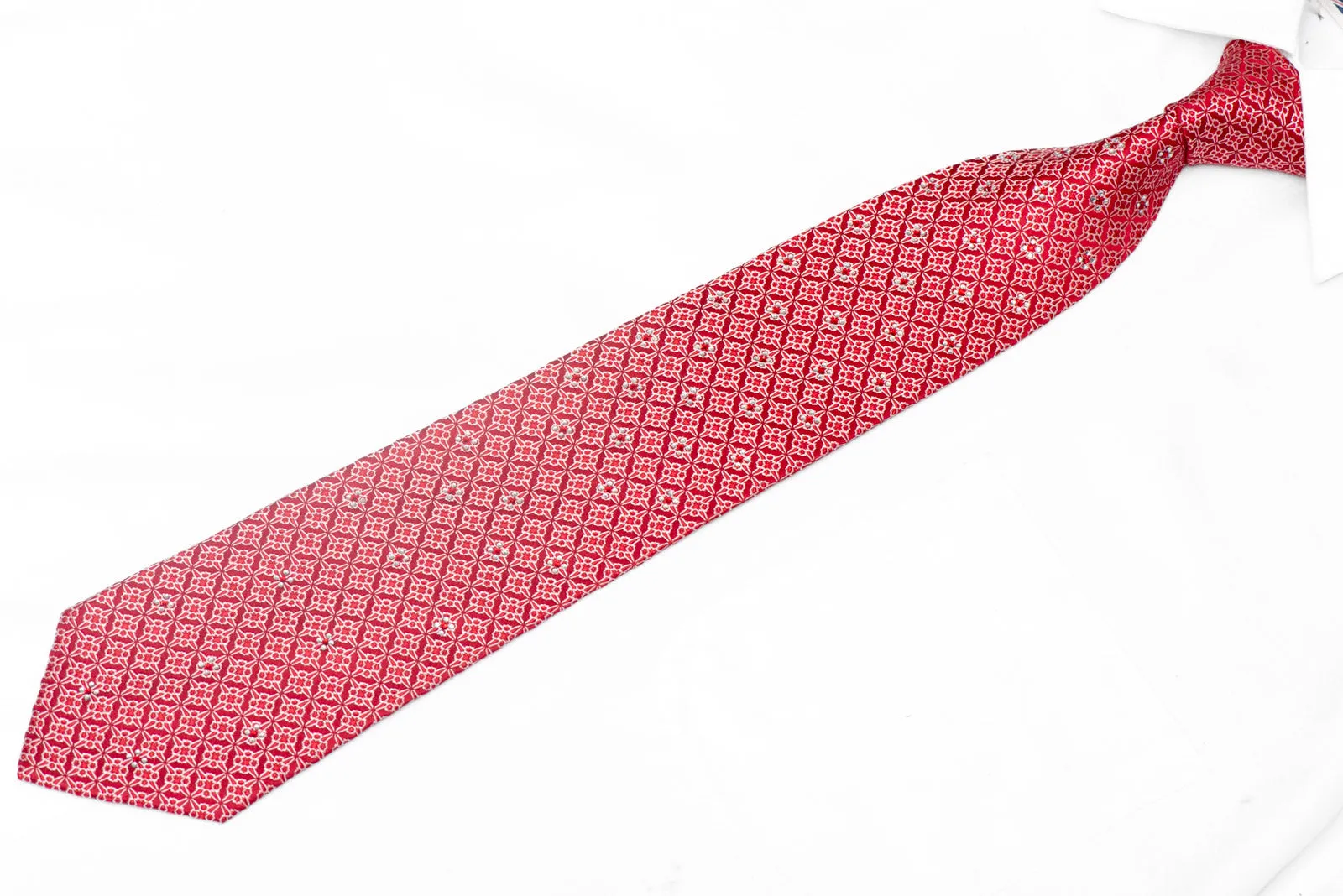 Silver Geometric On Red Rhinestone Tie With Red Sparkles