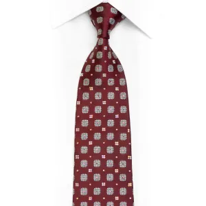 Silver Geometric Squares On Burgundy Rhinestone Silk Necktie With Sparkles