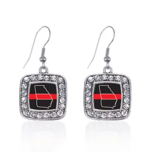 Silver Georgia Thin Red Line Square Charm Dangle Earrings