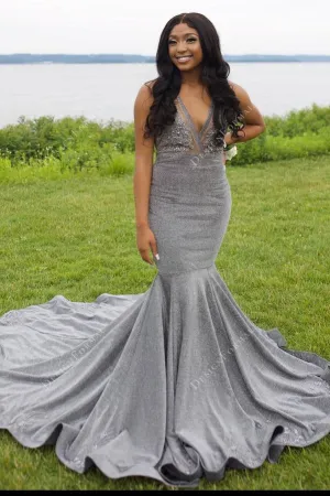 Silver Glitter Trumpet V-neck Halter Lace Made-to-Order Prom Dress