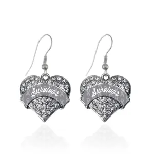 Silver Gray Survivor Pave Heart Charm Dangle Earrings