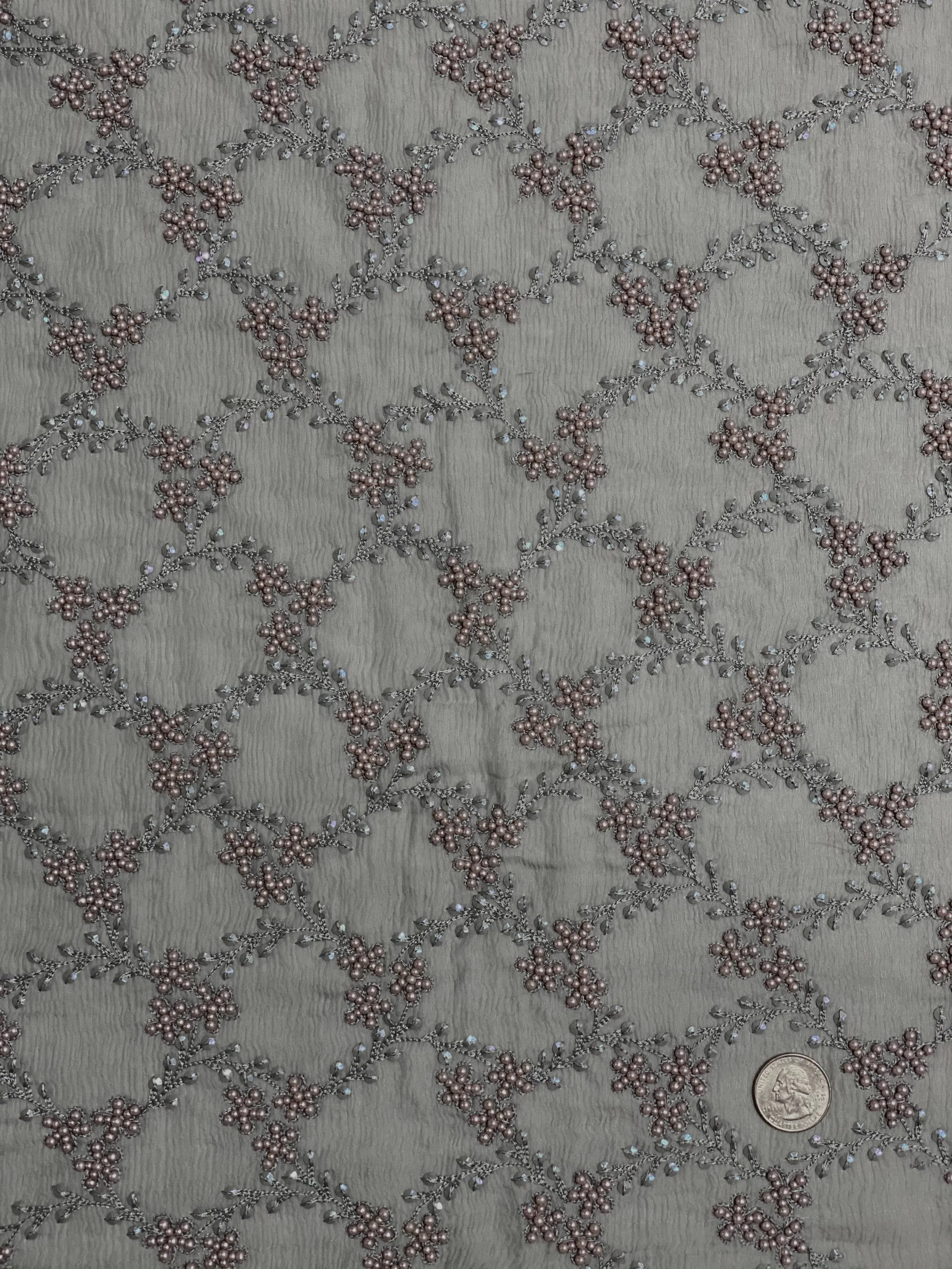 Silver Grey Sequin & Beads On Silk Chiffon JEC-051-13 Fabric