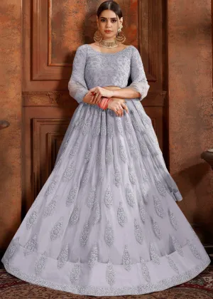 Silver Grey Soft Net Lehenga Choli with Thread, Zarkan & Pearl work