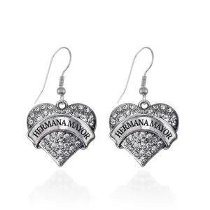 Silver Hermana Mayor - Big Sister Pave Heart Charm Dangle Earrings