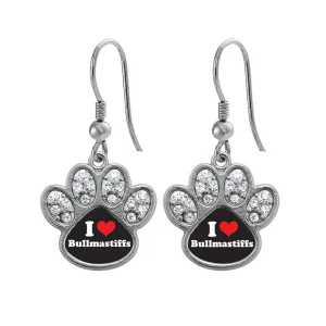 Silver I Love Bullmastiffs Pave Paw Charm Dangle Earrings