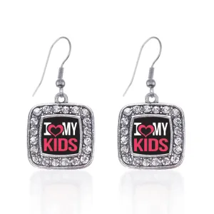 Silver I Love My Kids Square Charm Dangle Earrings