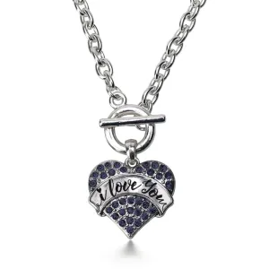 Silver I Love You Handwritten Script Navy Blue Blue Pave Heart Charm Toggle Necklace