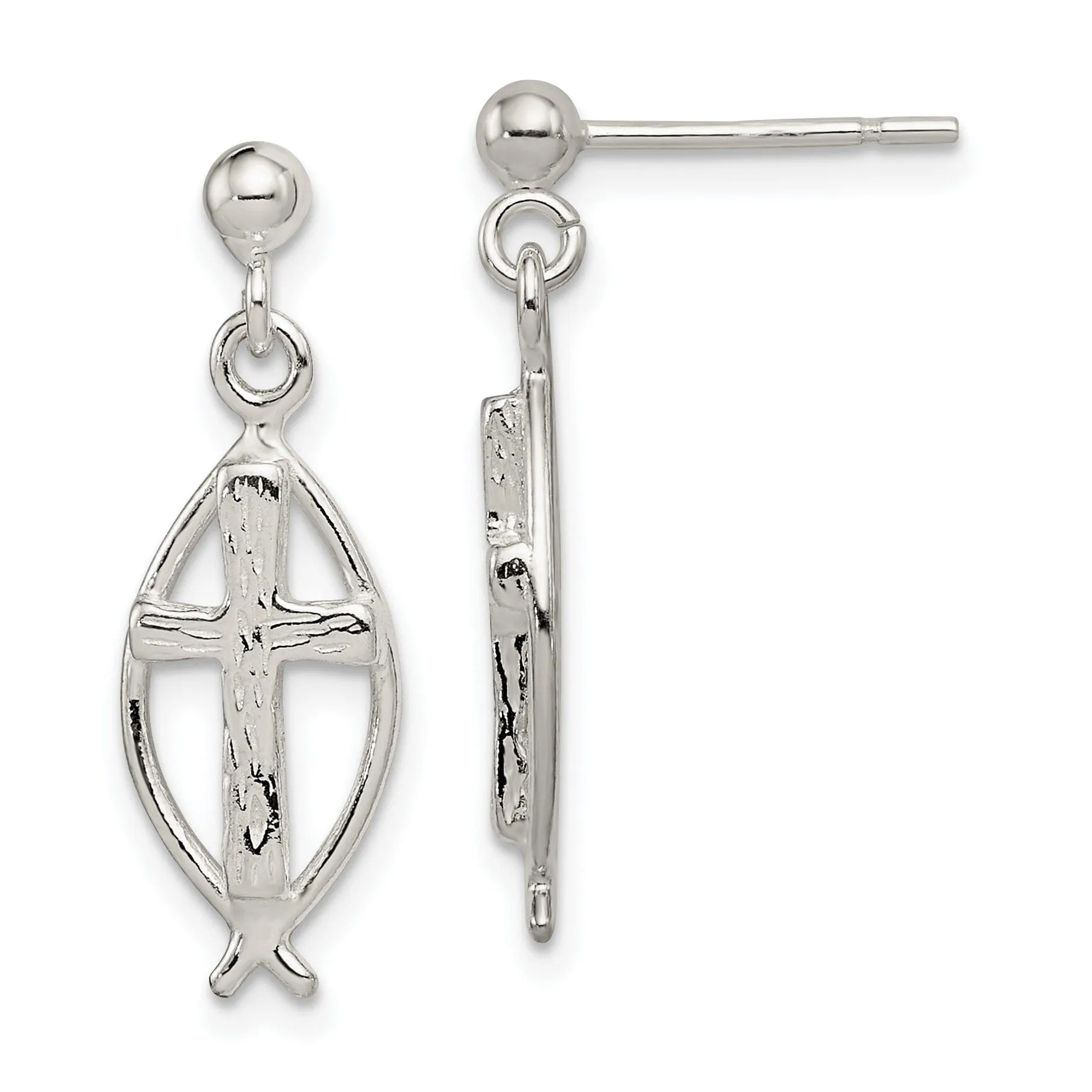 Silver Ichthus (Fish) Inset Cross Earrings