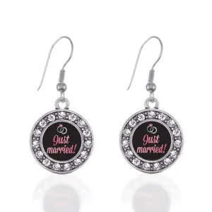 Silver Just Married Circle Charm Dangle Earrings