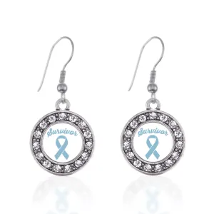 Silver Light Blue Ribbon Survivor Circle Charm Dangle Earrings