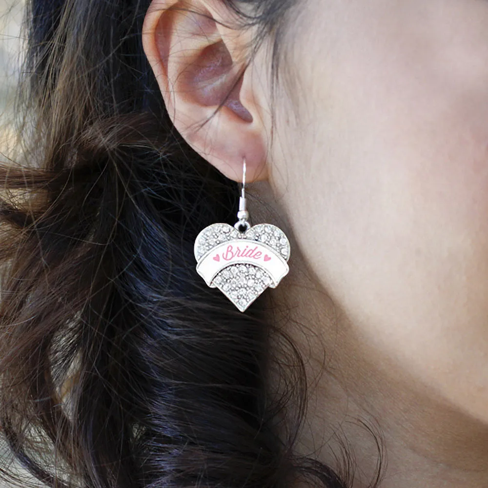 Silver Light Pink Bride Pave Heart Charm Dangle Earrings